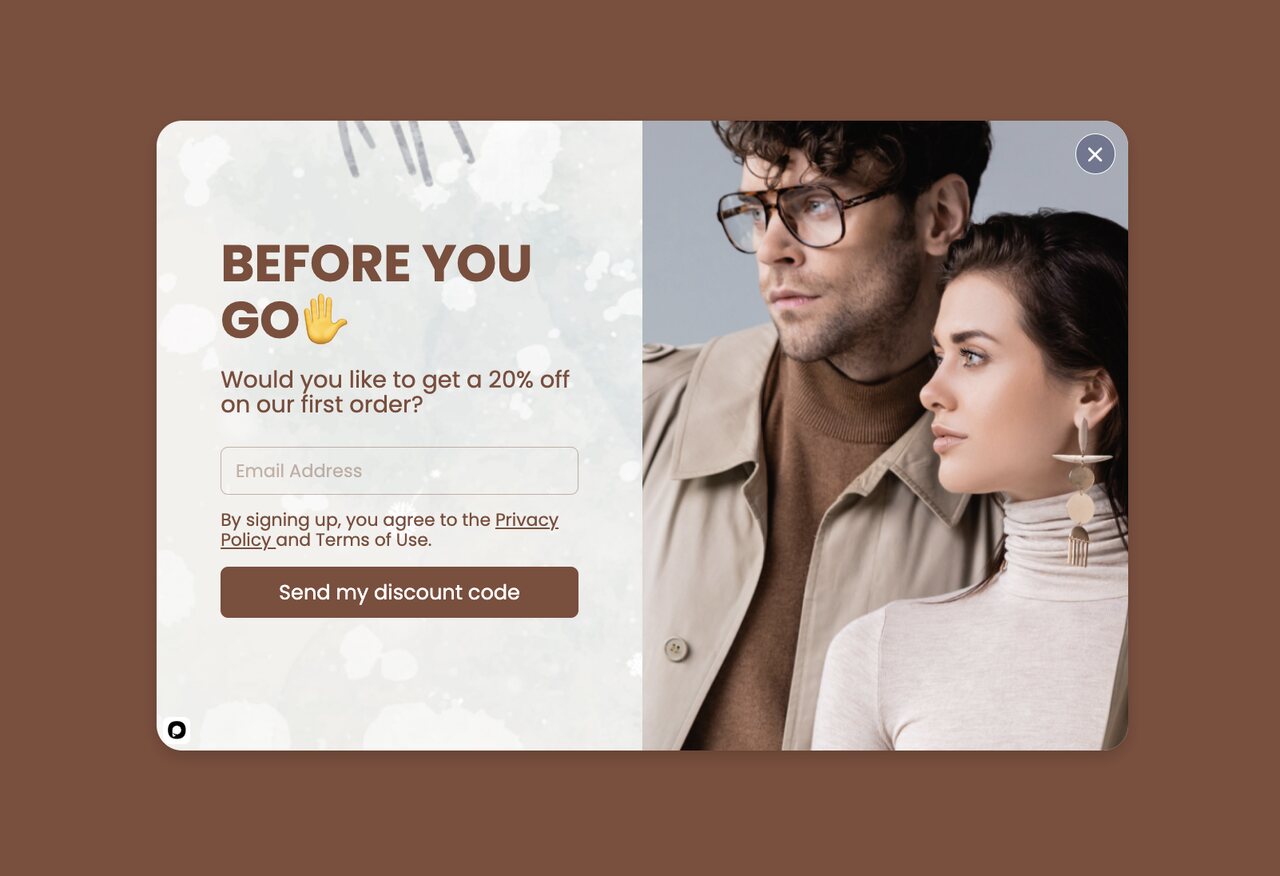 A timing-triggered Before You Go popup designed to reduce cart abandonment with a 50% off last-chance offer