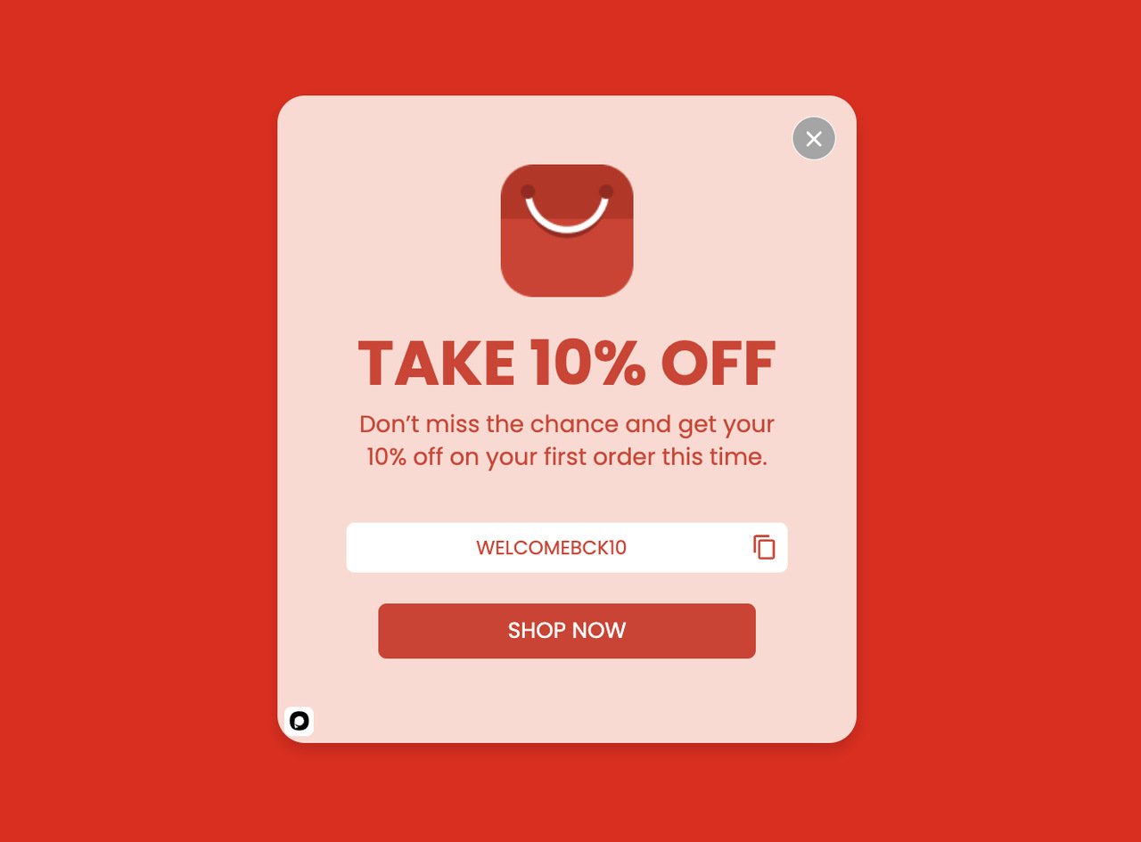 An instant-discount cart abandonment popup offering shoppers a percentage off to complete checkout
