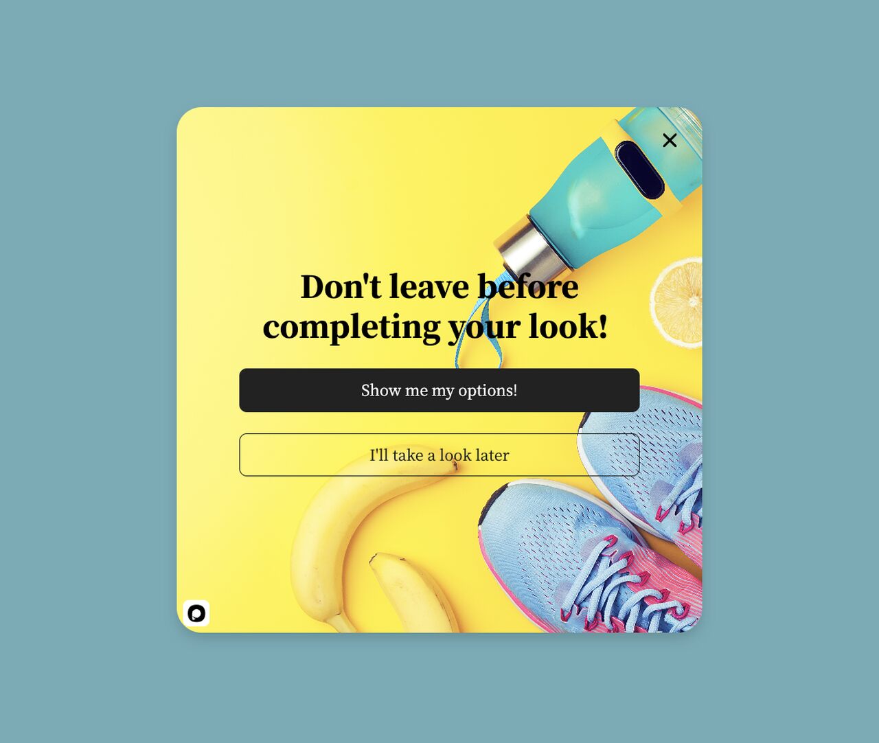 A blue-background cart abandonment popup using power-word triggers like Wait and Last Offer to grab attention