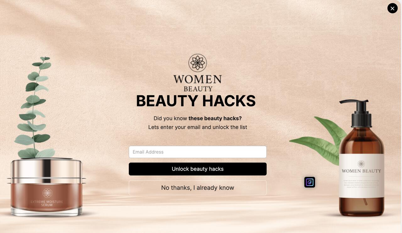 A full-screen cart abandonment popup with a form collection layout capturing emails in exchange for a discount