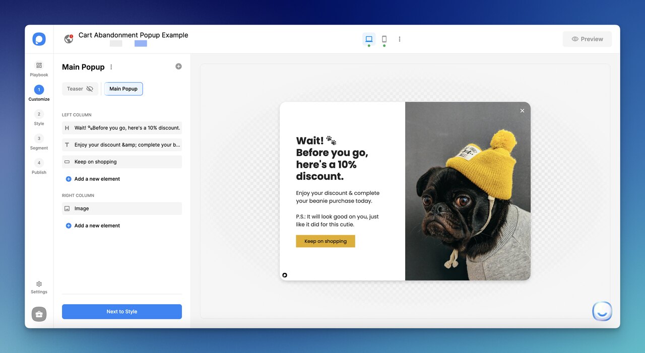 Popupsmart dashboard showing a cart abandonment popup template ready to customize and publish