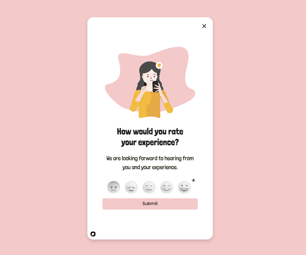 A customer-experience feedback popup for cart abandonment on a pink background asking visitors about their visit