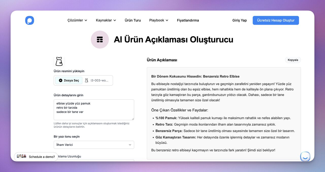AI Ürün Açıklaması Oluşturucu sayfası