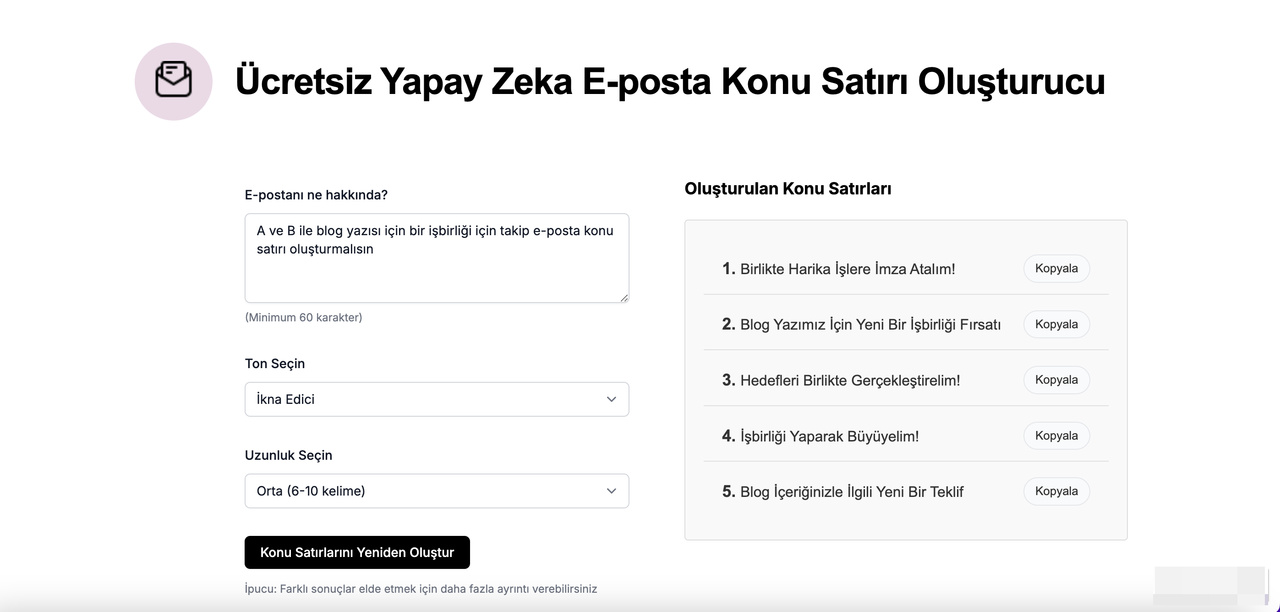 Ücretsiz E-posta Konu Satırı Oluşturucu sayfası