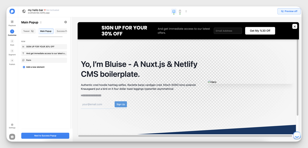 Choosing a hello bar template in Popupsmart