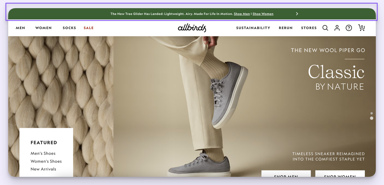 Allbirds hello bar example with sustainability message