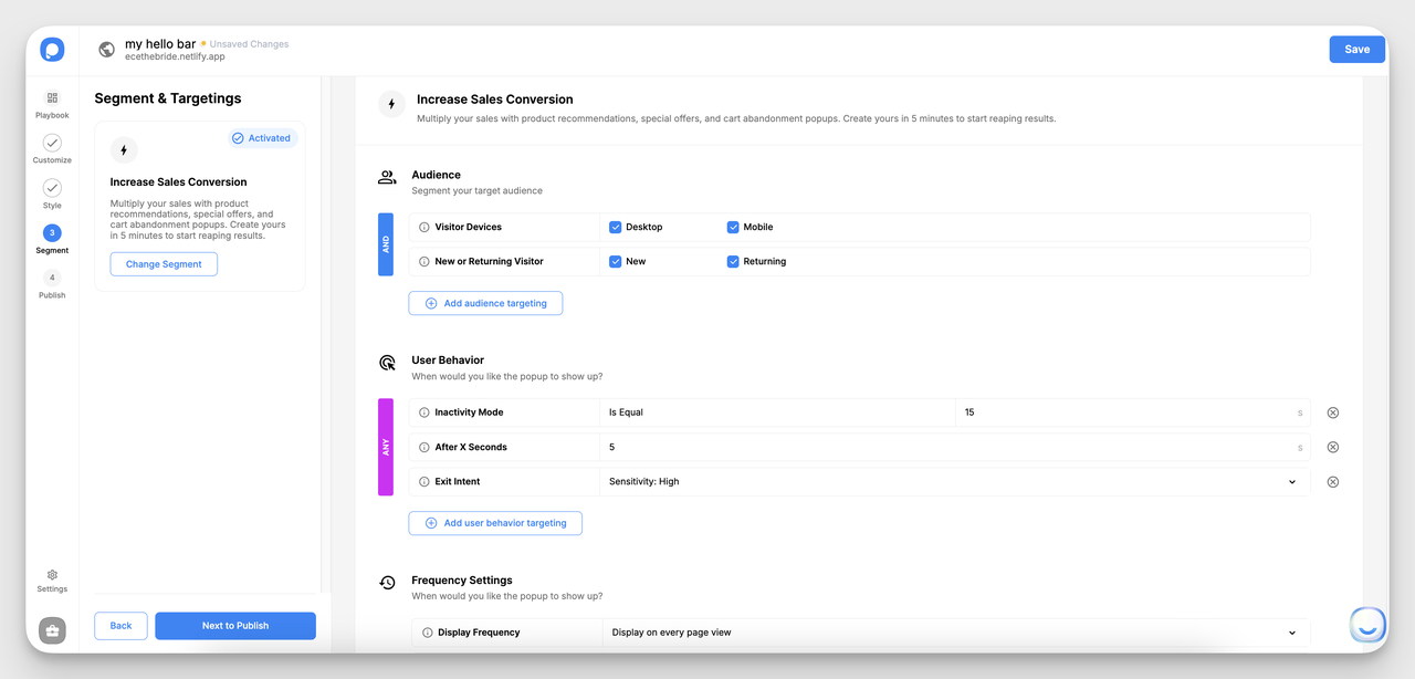 Setting segment and targeting rules for hello bar campaign