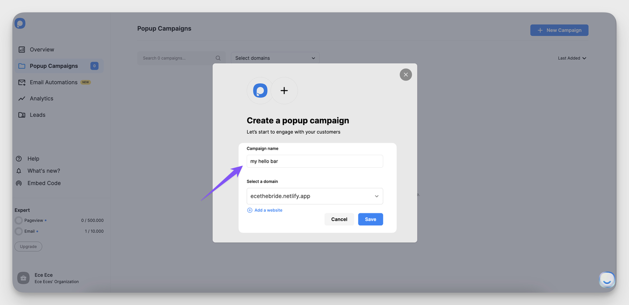 Naming a hello bar campaign in Popupsmart dashboard