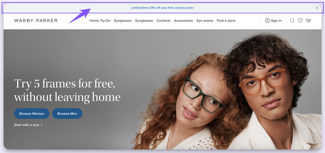 Warby Parker hello bar example