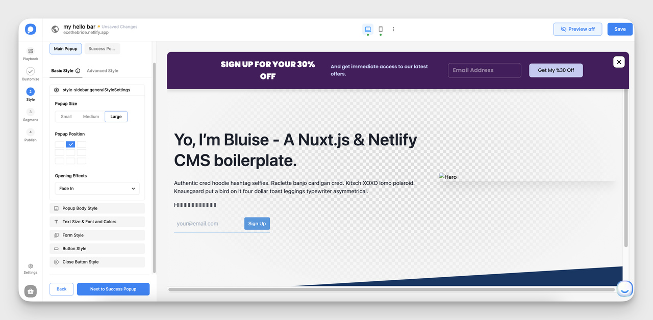 Customizing the hello bar style and copy in Popupsmart