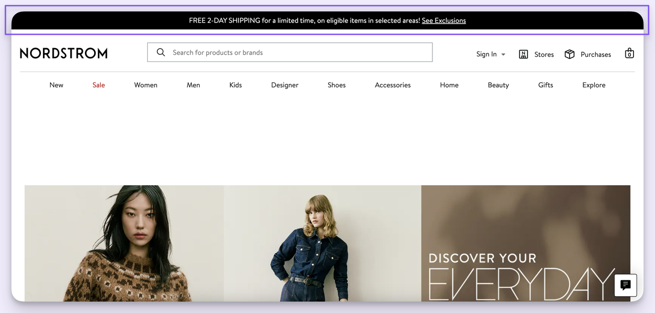 Nordstrom hello bar example with free shipping message