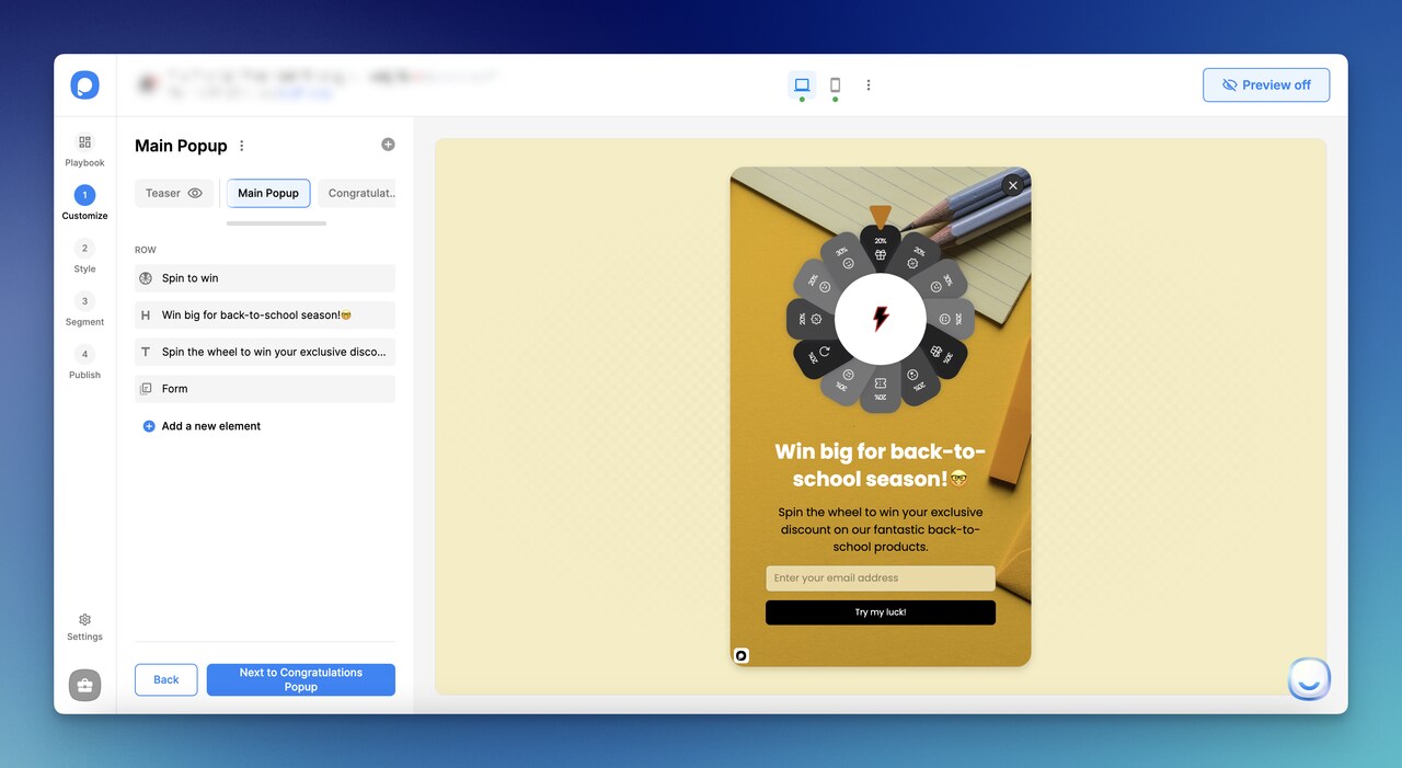 özelleştirme adımında popup tasarlaması