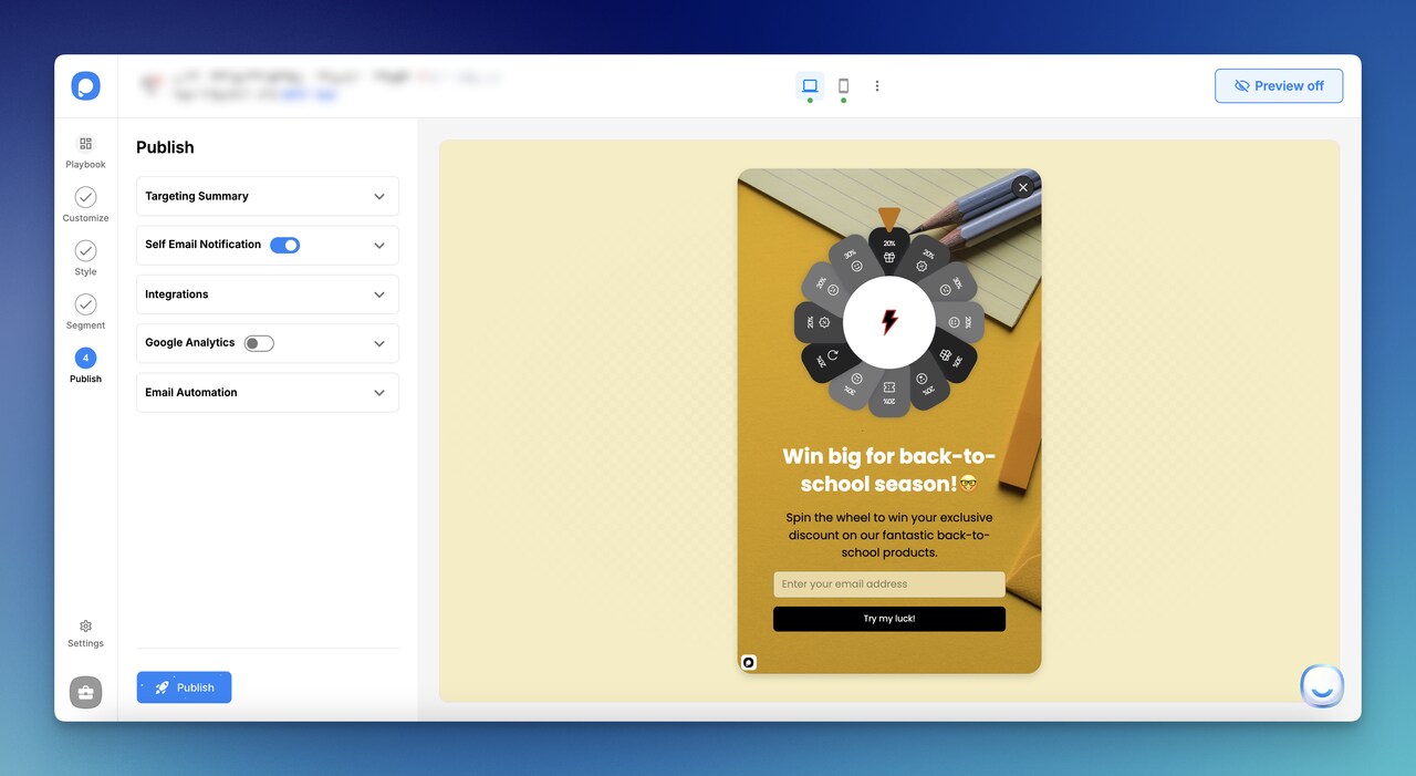 the Publish step of a gamification popup on the Popupsmart dashboard