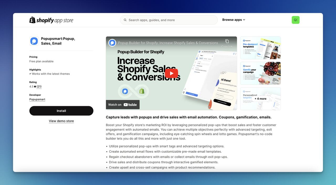 the Popupsmart Shopify app screen