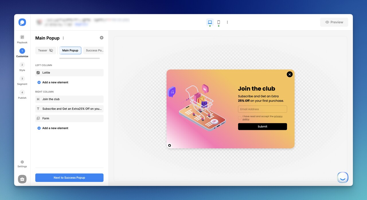 the Customize step of Popupsmart on the dashboard