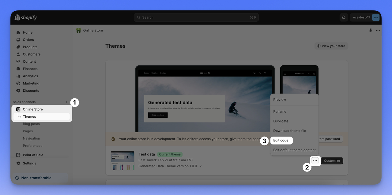 Shopify yönetim panelinde temaları seçmek ve sonra kodu düzenlemek.