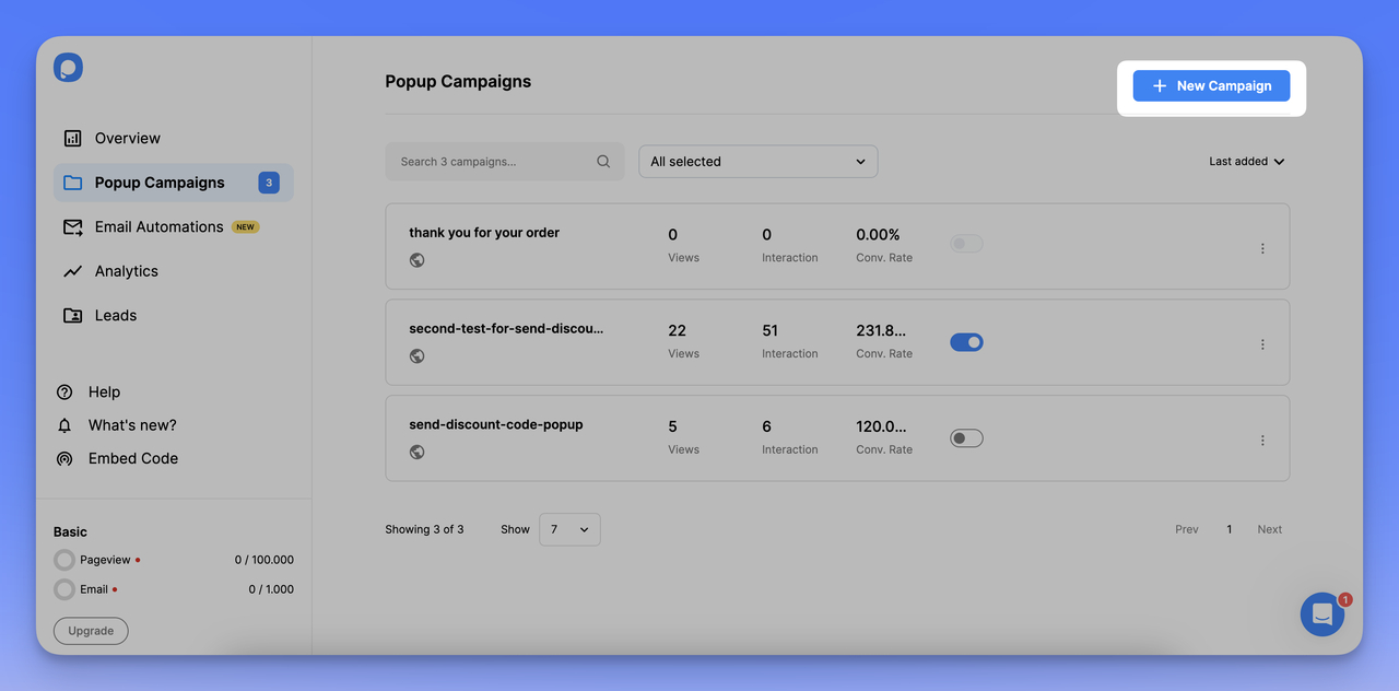 Popupsmart'ta yeni kampanya oluşturmak için