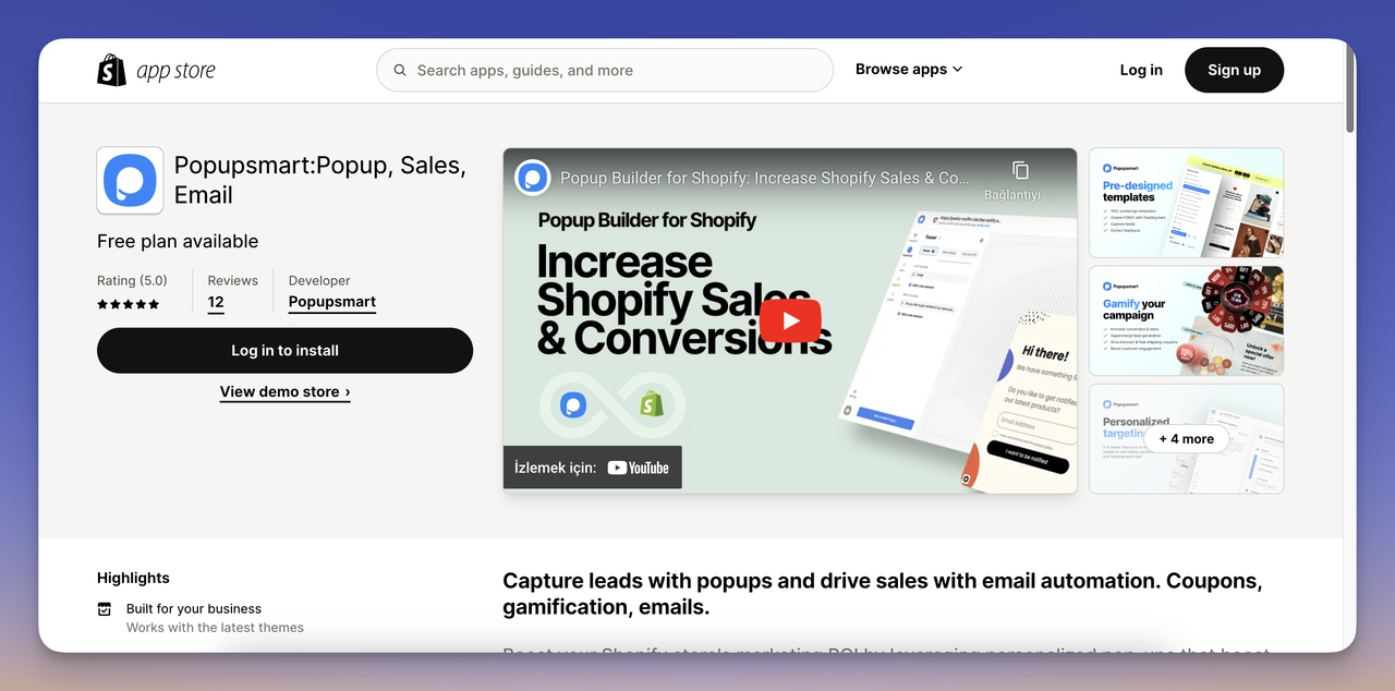 Popupsmart Shopify Uygulaması App Store görünümü.