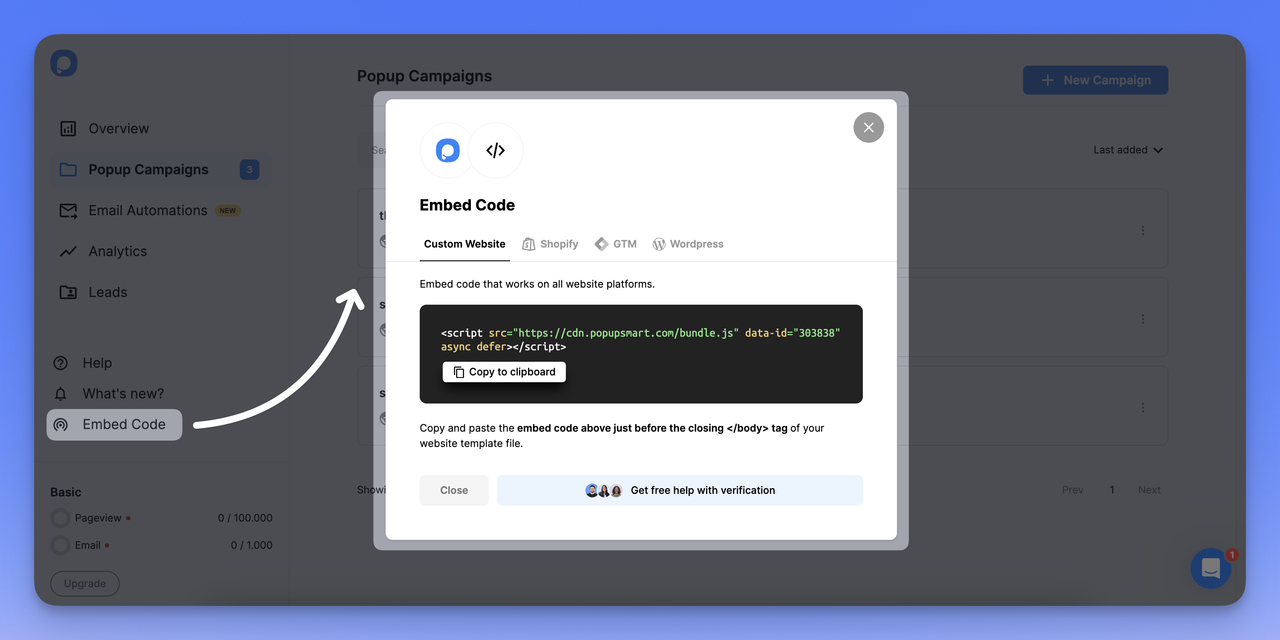 Popupsmart Shopify entegrasyonu ilk adımı, yani embed kodu kopyalama.