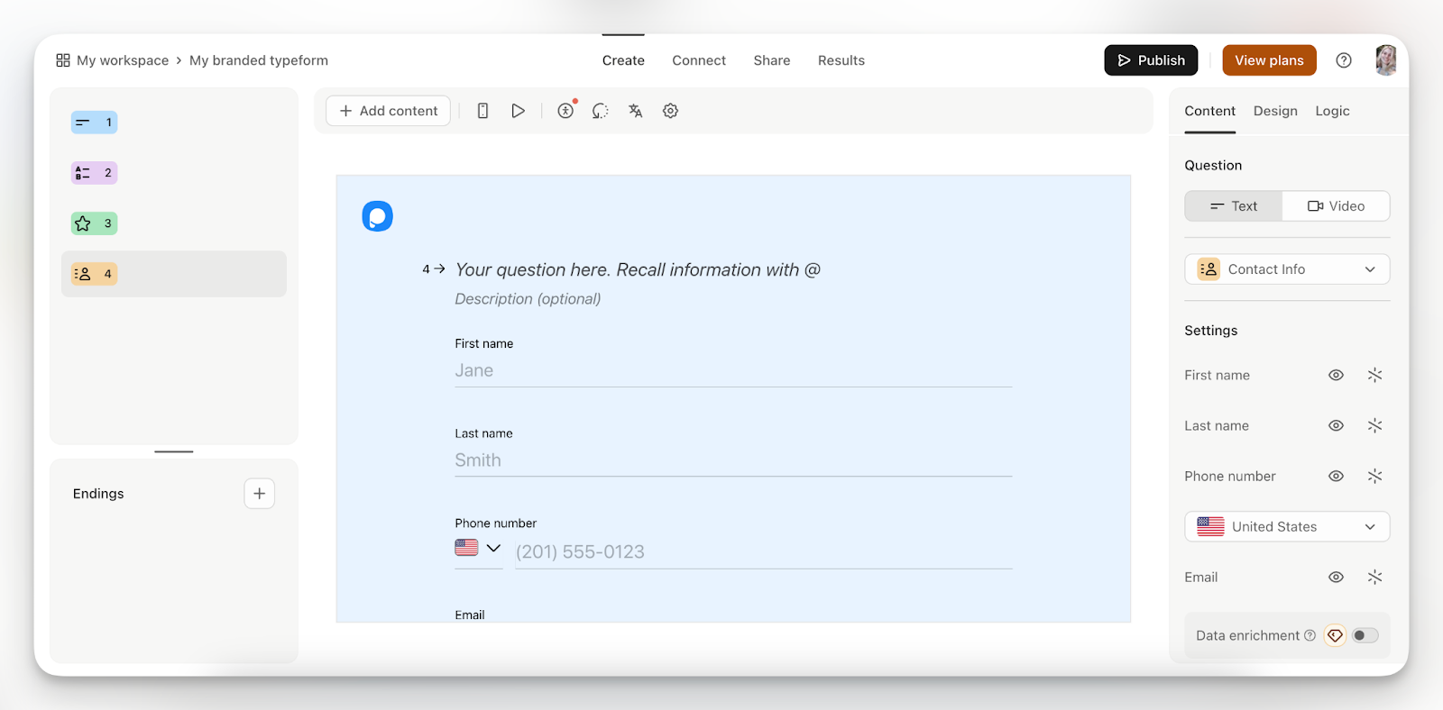 A screenshot from the control panel of Typeform, a form creation tool