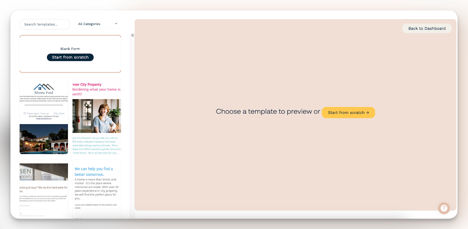 The template selection screen, which is the first step in creating a form with Paperform, is here.