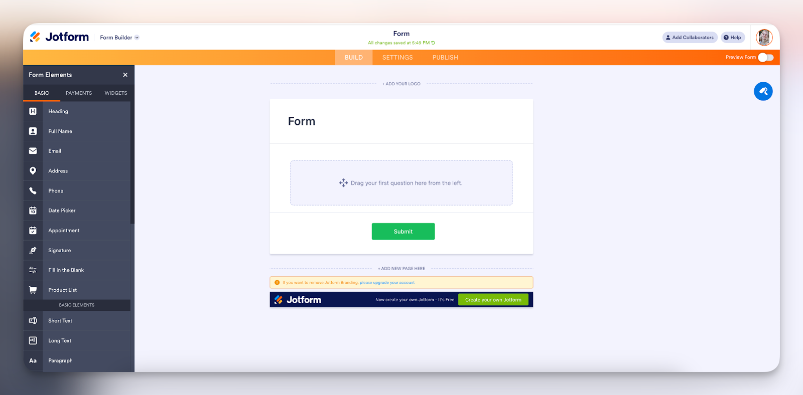 A screenshot from the control panel of Jotform, a form creation tool