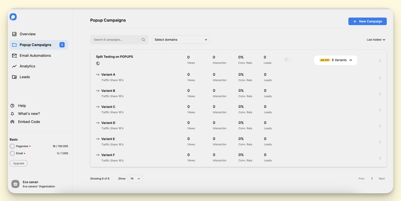 The Popupsmart popup creation screen shows 6 variants of a popup.