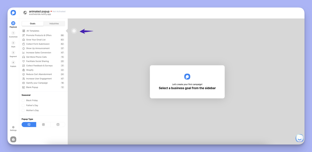 Popupsmart dashboard with a list of business goals in the left sidebar, including 'Promote Products & Offers' highlighted.