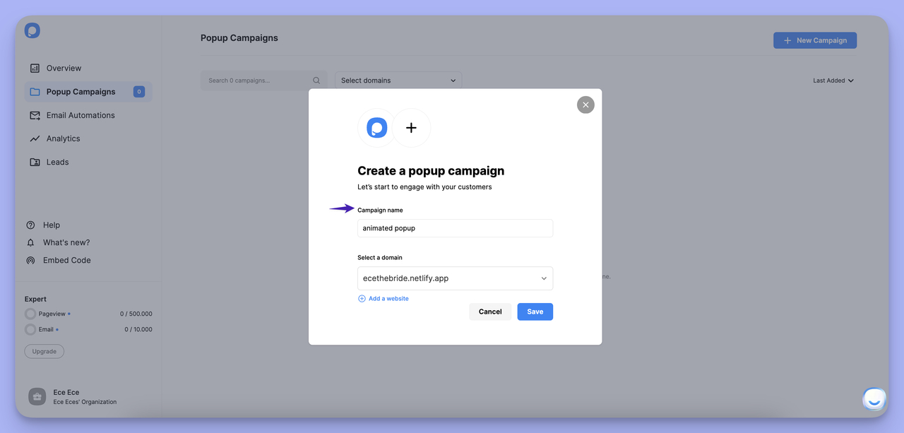 Popupsmart window displaying fields to enter the campaign name and domain, with 'Save' and 'Cancel' buttons.