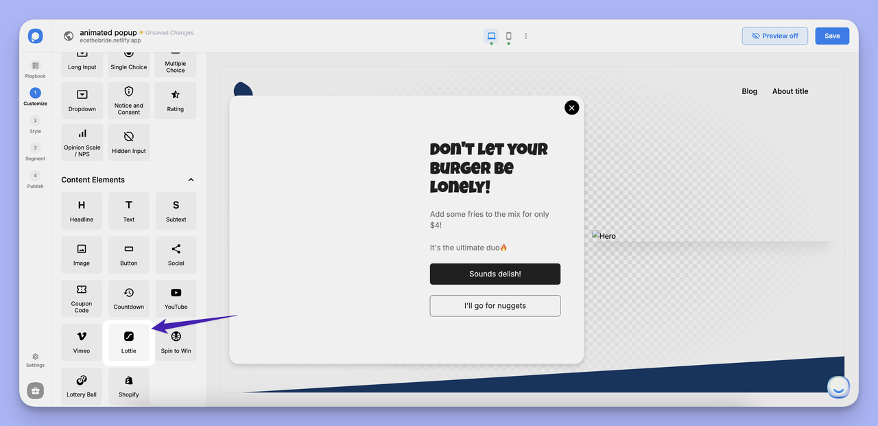 Popupsmart customization panel with the 'Lottie' animation option highlighted under the Content Elements section.
