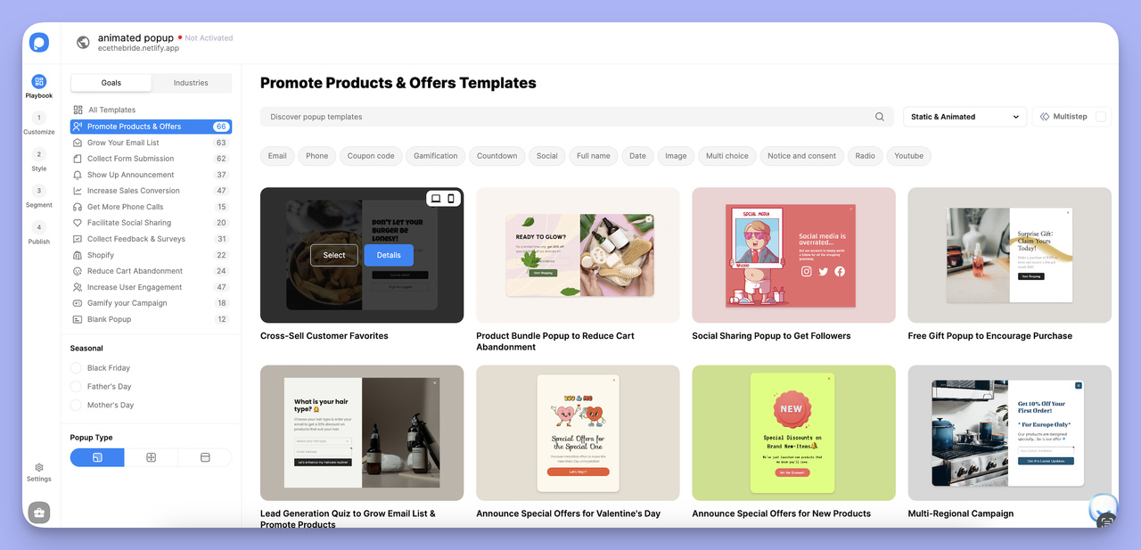 Popupsmart dashboard showing various template options, including 'Cross-Sell Customer Favorites' for promoting add-ons.