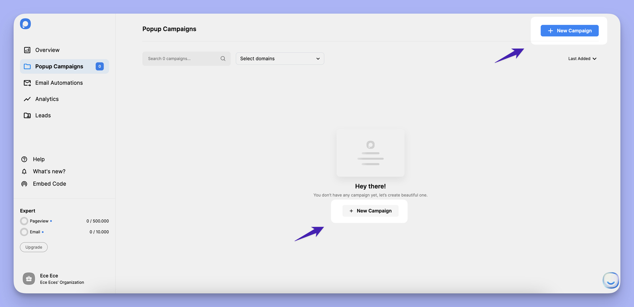Screenshot of Popupsmart dashboard showing a blue 'New Campaign' button in the top right corner to start creating a popup campaign.