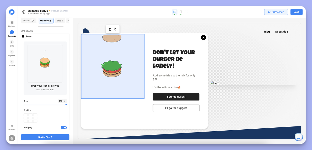 Popupsmart interface showing the option to upload a Lottie animation file by dropping a JSON file or browsing for it.