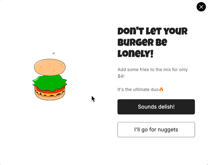 Final animated popup result in Popupsmart with a looping burger Lottie animation alongside a subscribe call to action and headline.