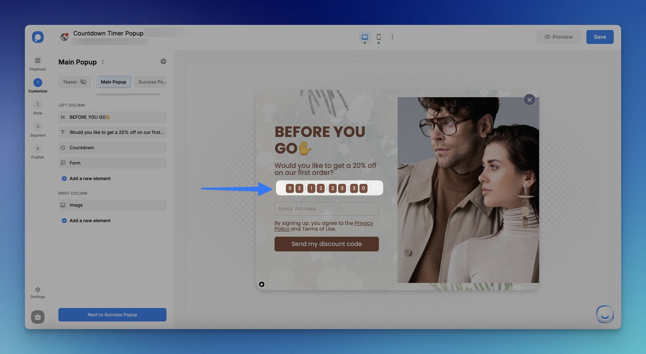 popup üzerinde geri sayım zamanlayıcı elementi