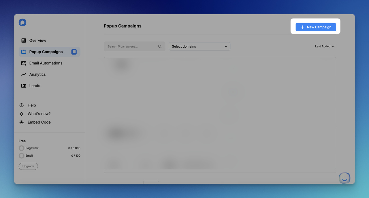 Popupsmart'ta yeni kampanya oluşturmak için buton