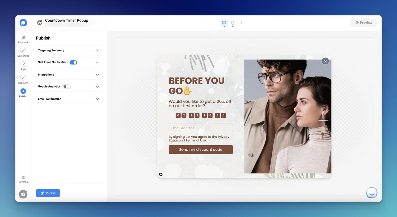 Popupsmart'ta popup yayınlama ekranı