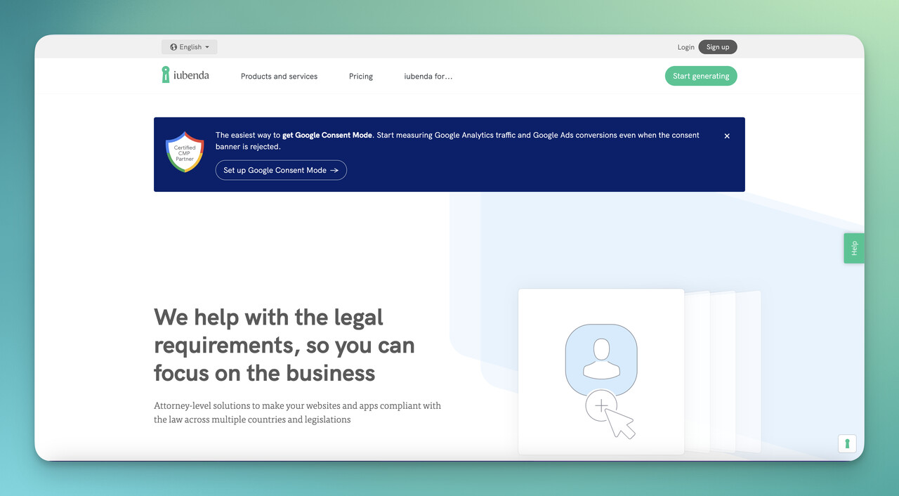 Iubenda's cookie and consent creation homepage