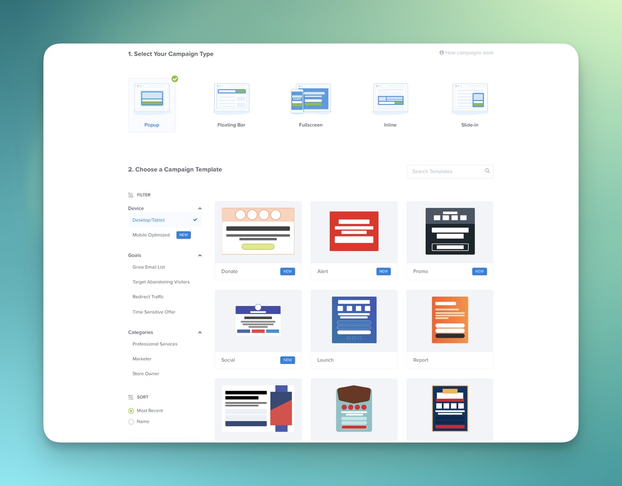 Selecting Popup Campaign Type & Proceeding