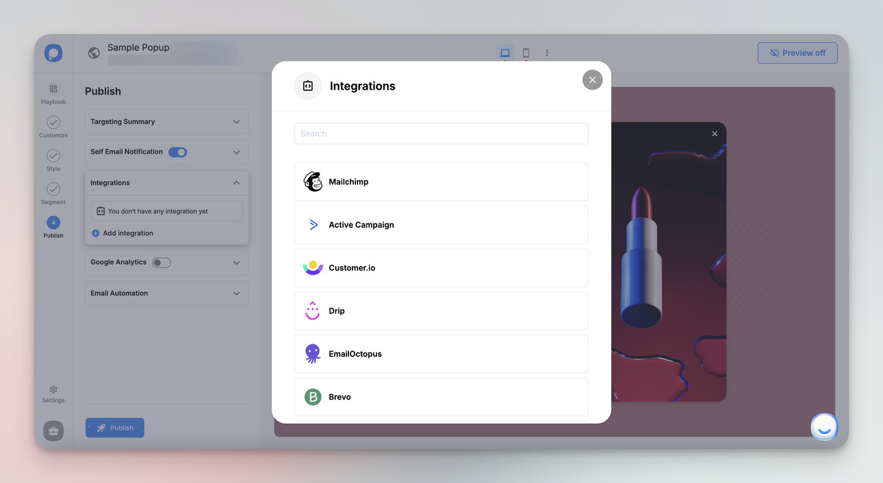 the integrations of Popupsmart for the CRM and lead generation relation