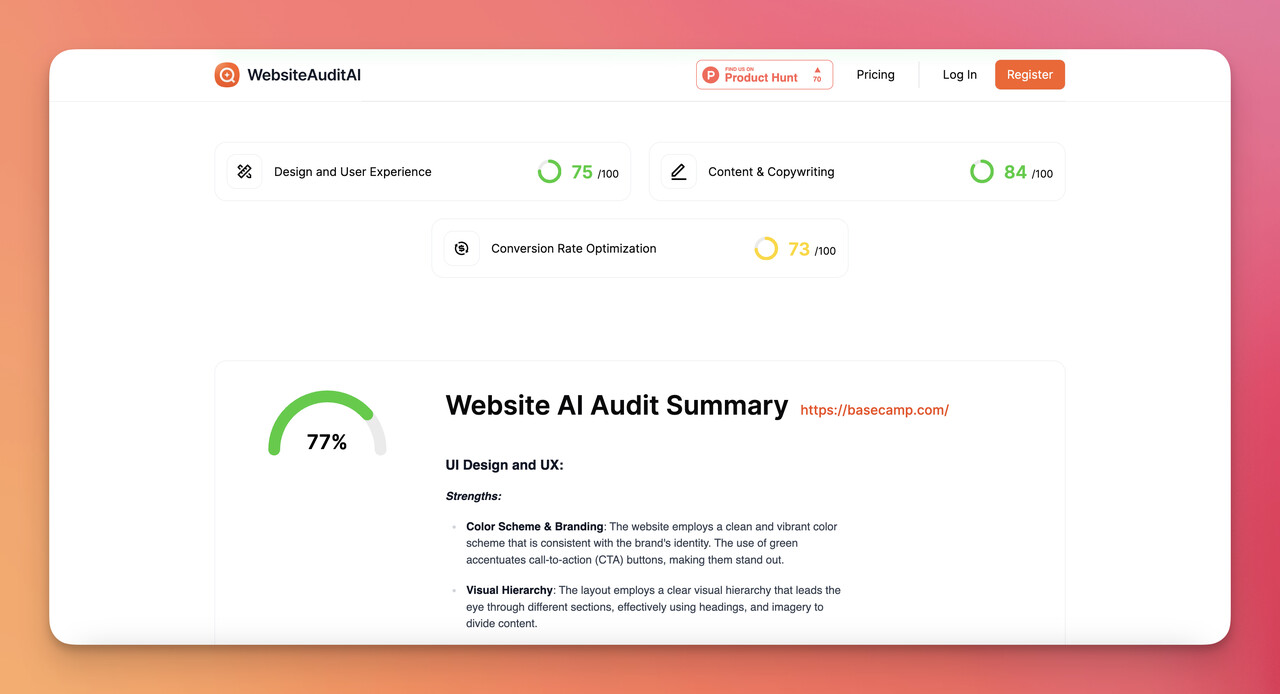 the report of Basecamp on WebsiteAuditAI