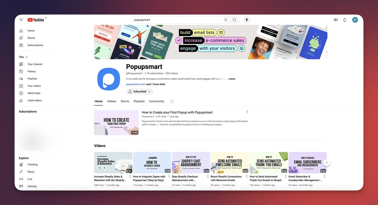 the Popupsmart YouTube channel view
