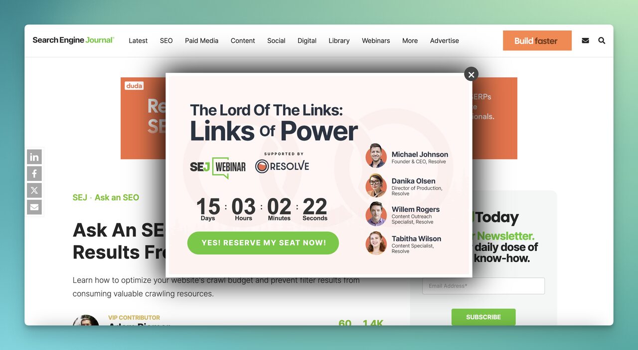 the webinar popup of Search Engine Journal