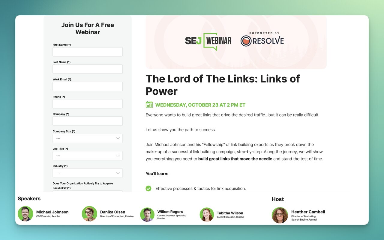 the collaborative webinar possibility with a registration form, the speakers and the host
