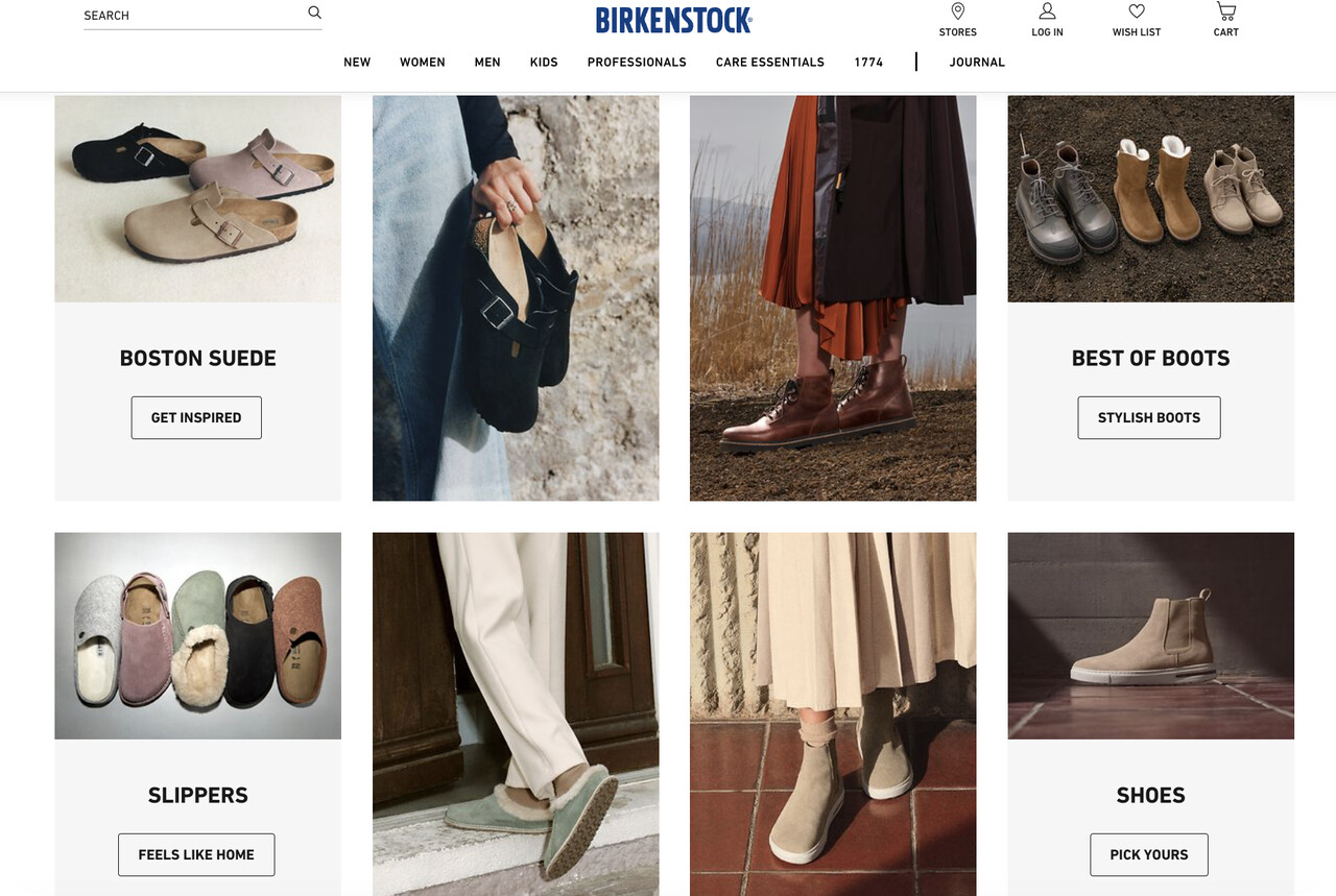 Birkenstock's CTA Examples: GET INSPIRED / STYLISH BOOTS / FEELS LIKE HOME / PICK YOURS