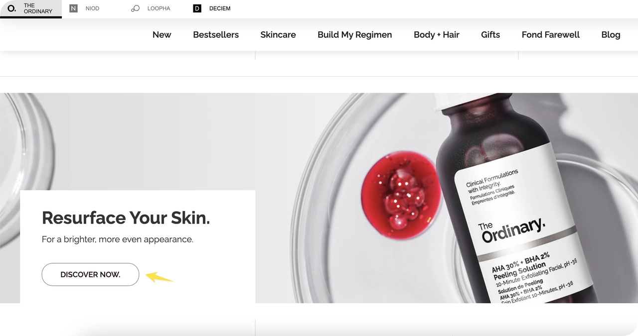 CTA Example from The Ordinary: EXPLORE NOW.