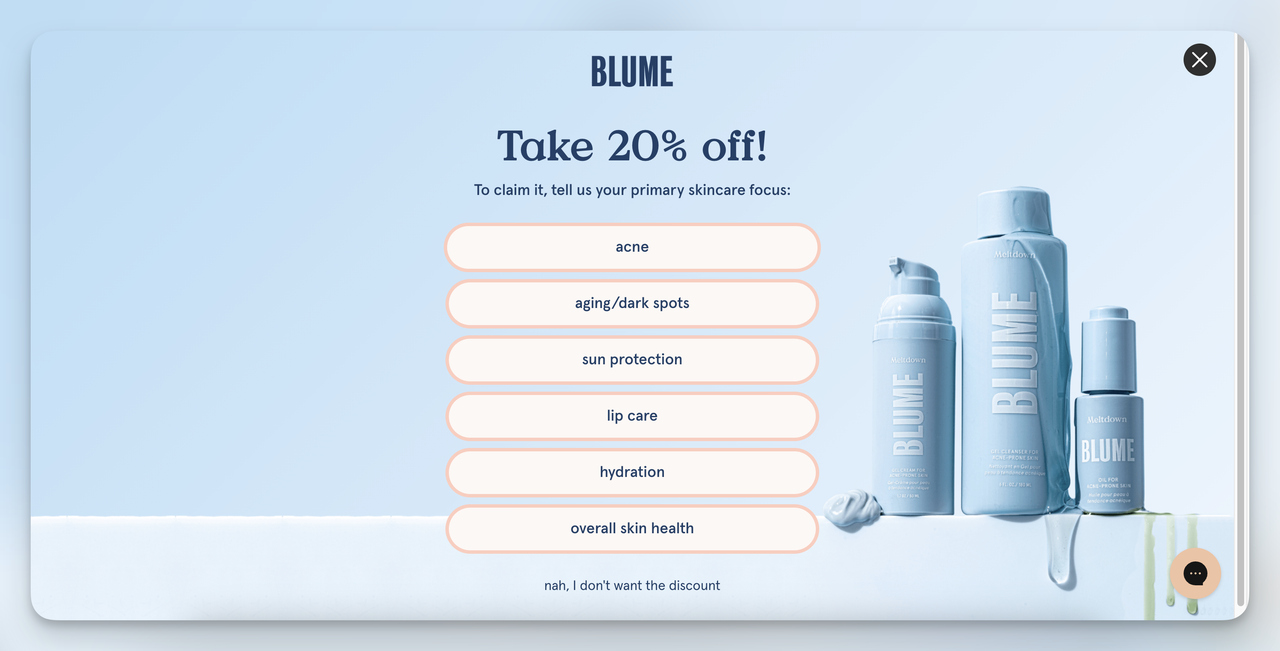 Blume lead capture form using an interactive quiz to collect visitor preferences