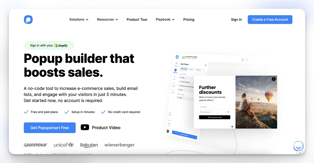 Popupsmart landing page showing updated CTA buttons reading Get Popupsmart Free and Create a Free Account
