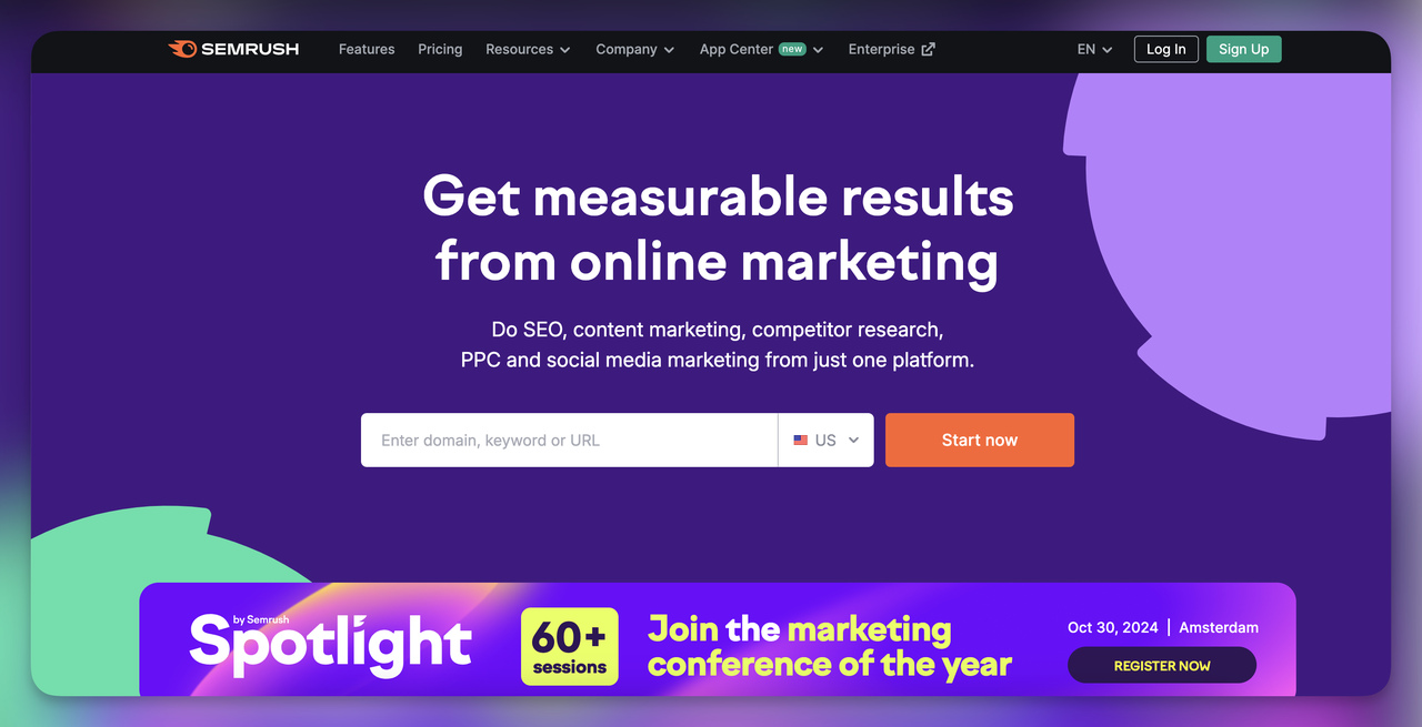 Semrush website using value-focused text instead of a hero image above the fold
