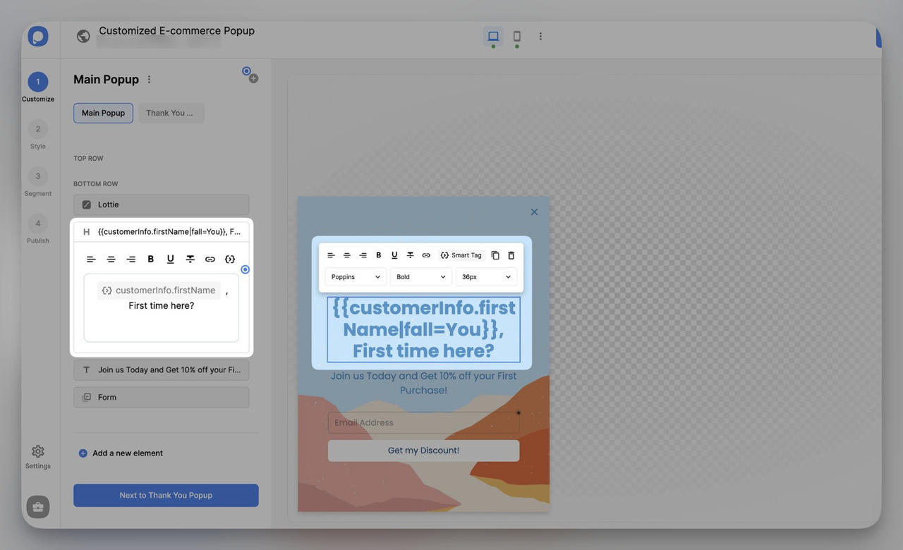 Dynamic text replacement smart tags feature in Popupsmart popup builder